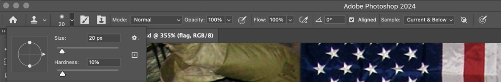 Screencapture showing Clone Stamp Tool Options in Photoshop's Options Panel.